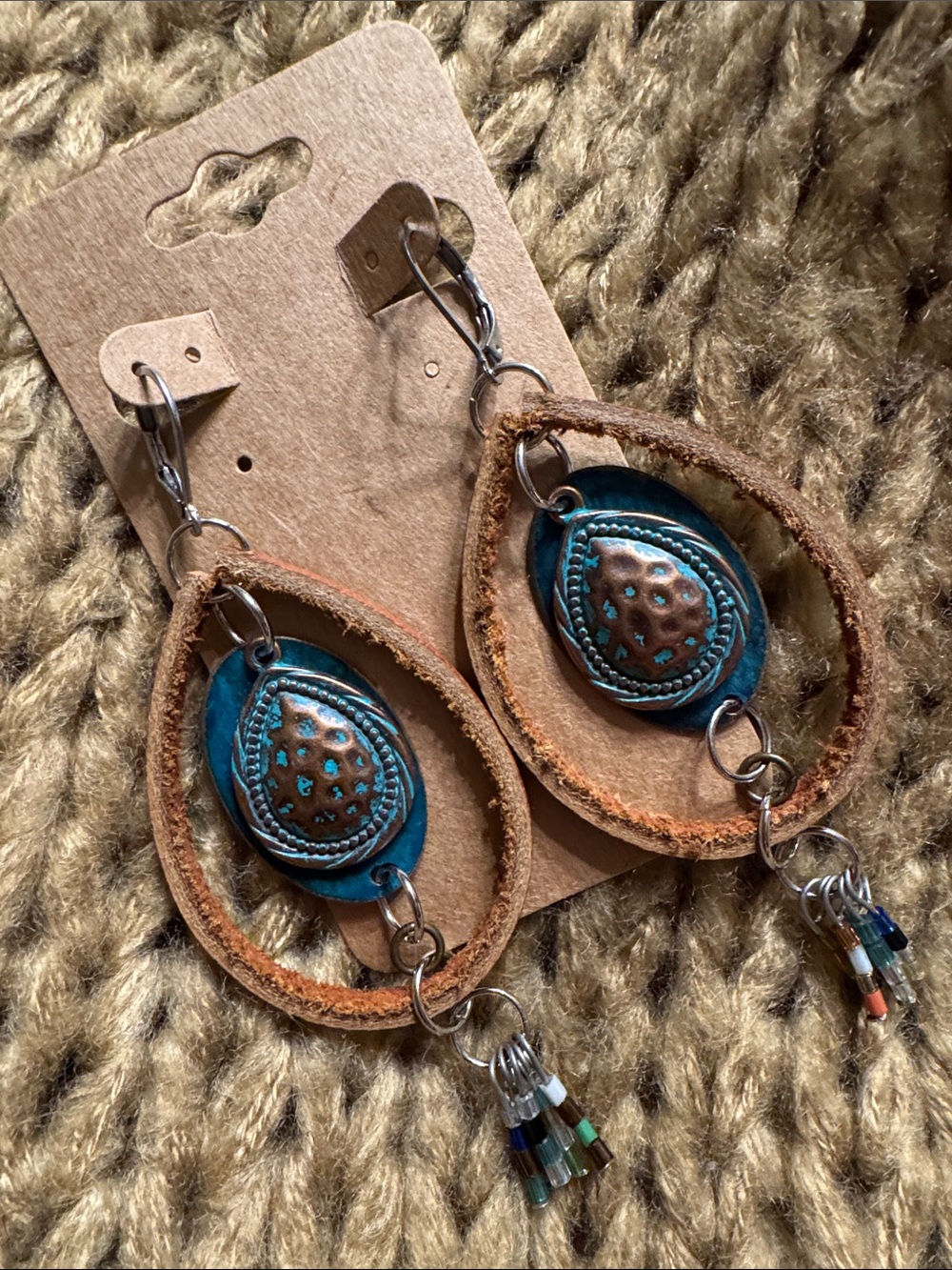 Handmade Boho Teardrop Genuine Leather and Turquoise Dangle Earrings